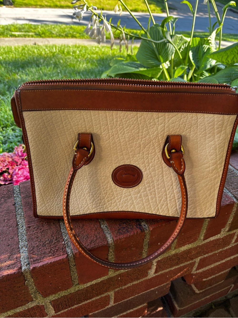 Vintage Dooney & Bourke All Weather Satchel Crossbody Cream and British Tan